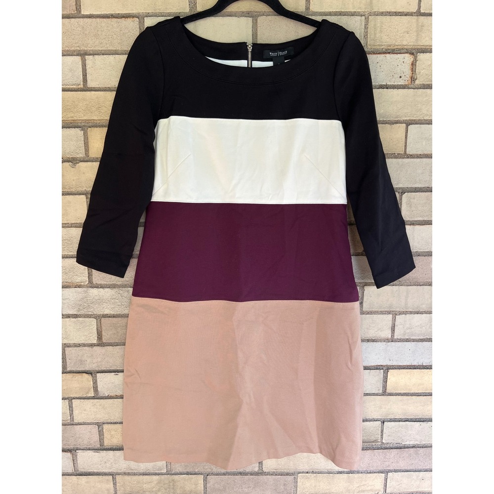 White House Black Market Colorblock Sheath Dress Black Plum Tan Size 6 Small